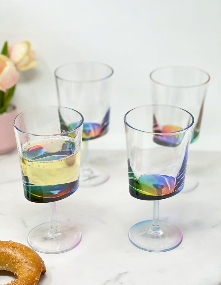 Set of Four Clear and Rainbow Geometric Acrylic Stemmed All Purpose Wine Glasses