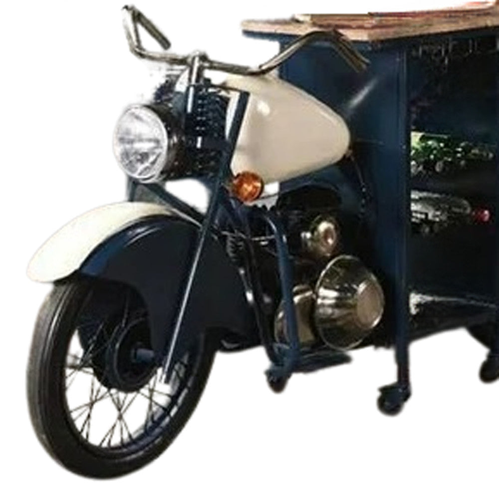 Blue and White Metal Glider Motorcycle Rolling Bar Cart With Wine Storage