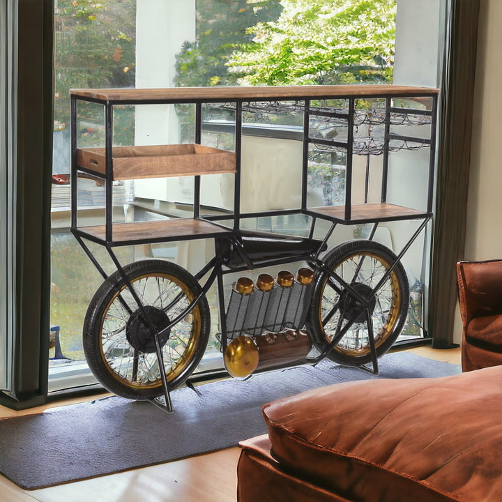 Brown and Black Metal And Solid Wood Bar Cart With Wine Storage