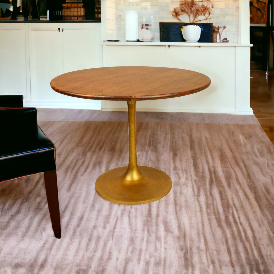 40" Brown and Gold Rounded Solid Wood and Iron Pedestal Base Dining Table