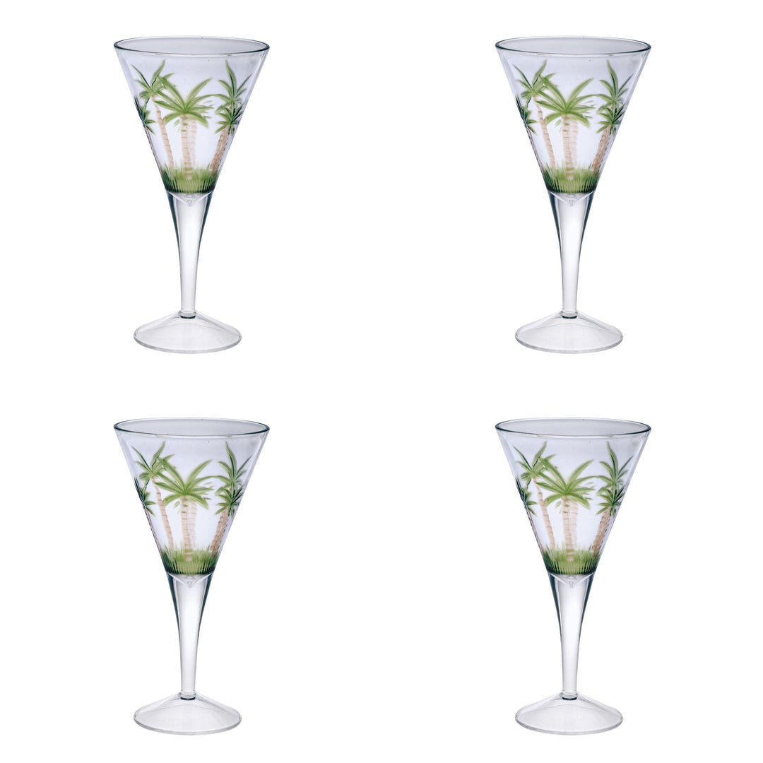 Set of Four Clear and Green Palm Tree Acrylic Stemmed All Purpose Wine Glasses