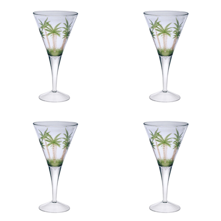 Set of Four Clear and Green Palm Tree Acrylic Stemmed All Purpose Wine Glasses