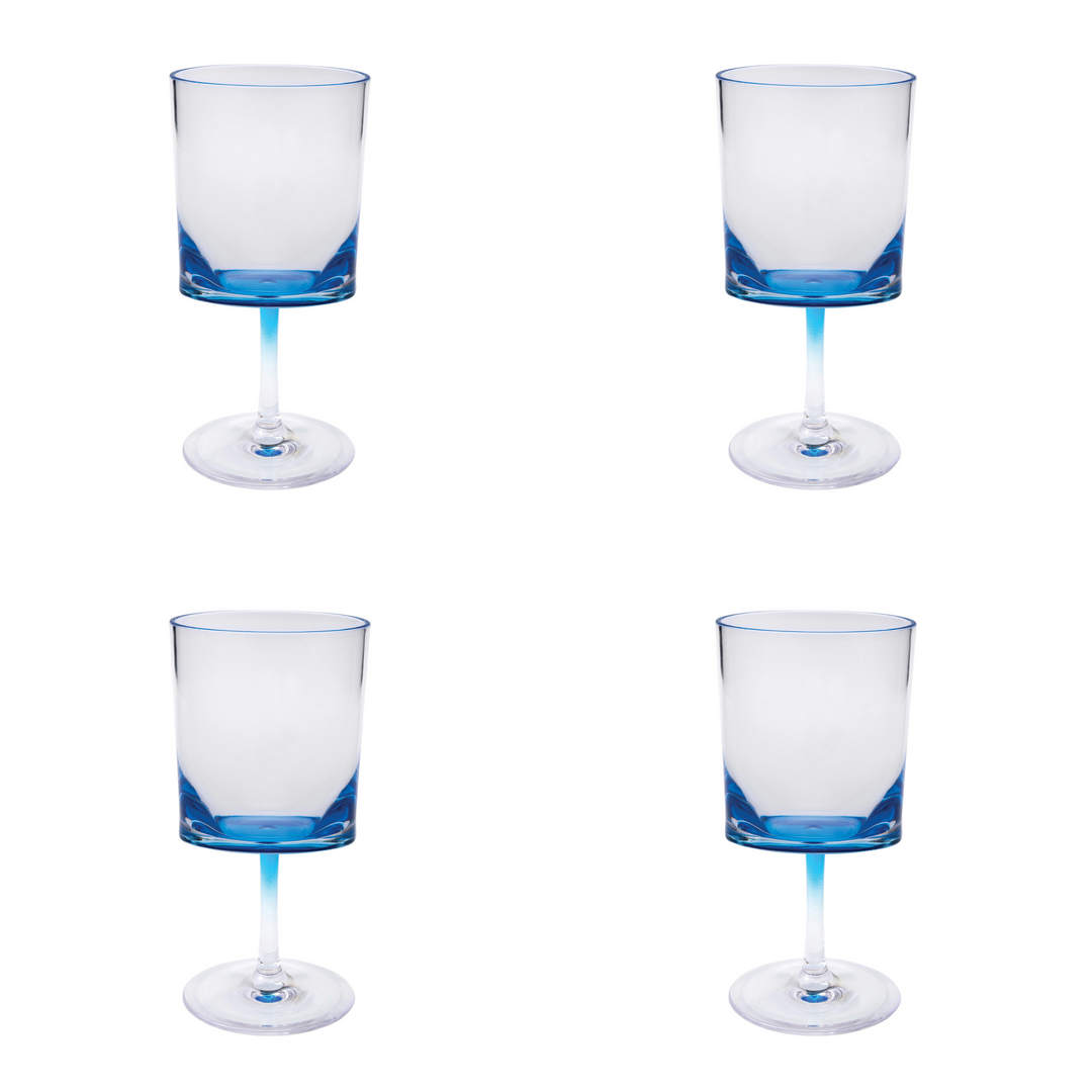 Set of Four Clear and Blue Acrylic Stemmed All Purpose Wine Glass