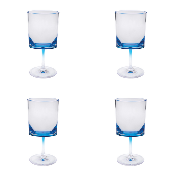 Set of Four Clear and Blue Acrylic Stemmed All Purpose Wine Glass