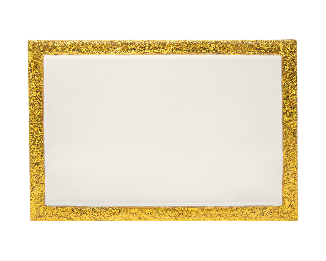 9" Gold And White Rectangular Metal Tray