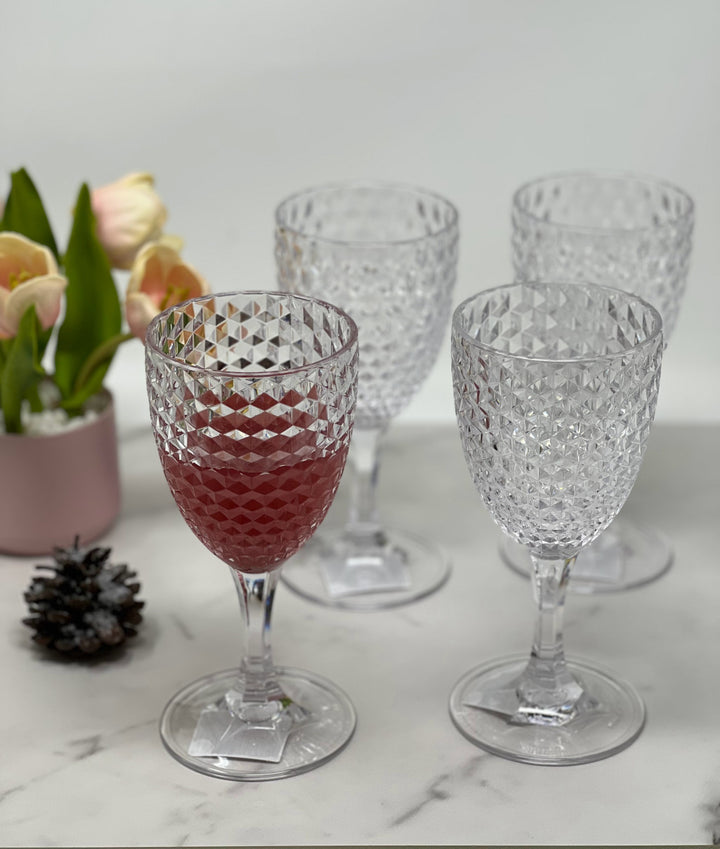 Set of Four Clear Diamond Acrylic Stemmed All Purpose Wine Glass