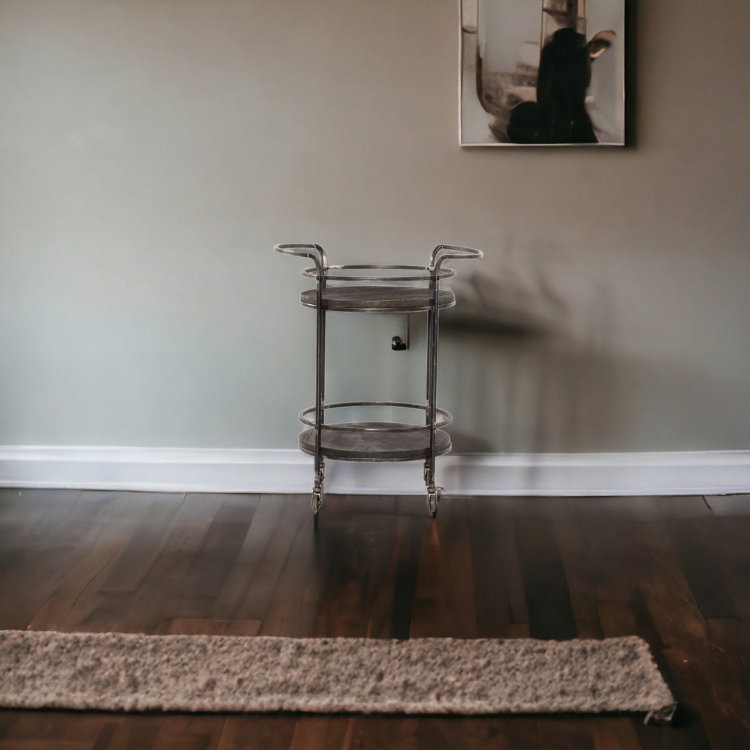 Dark Gray Iron And Solid Wood Round Rolling Bar Cart