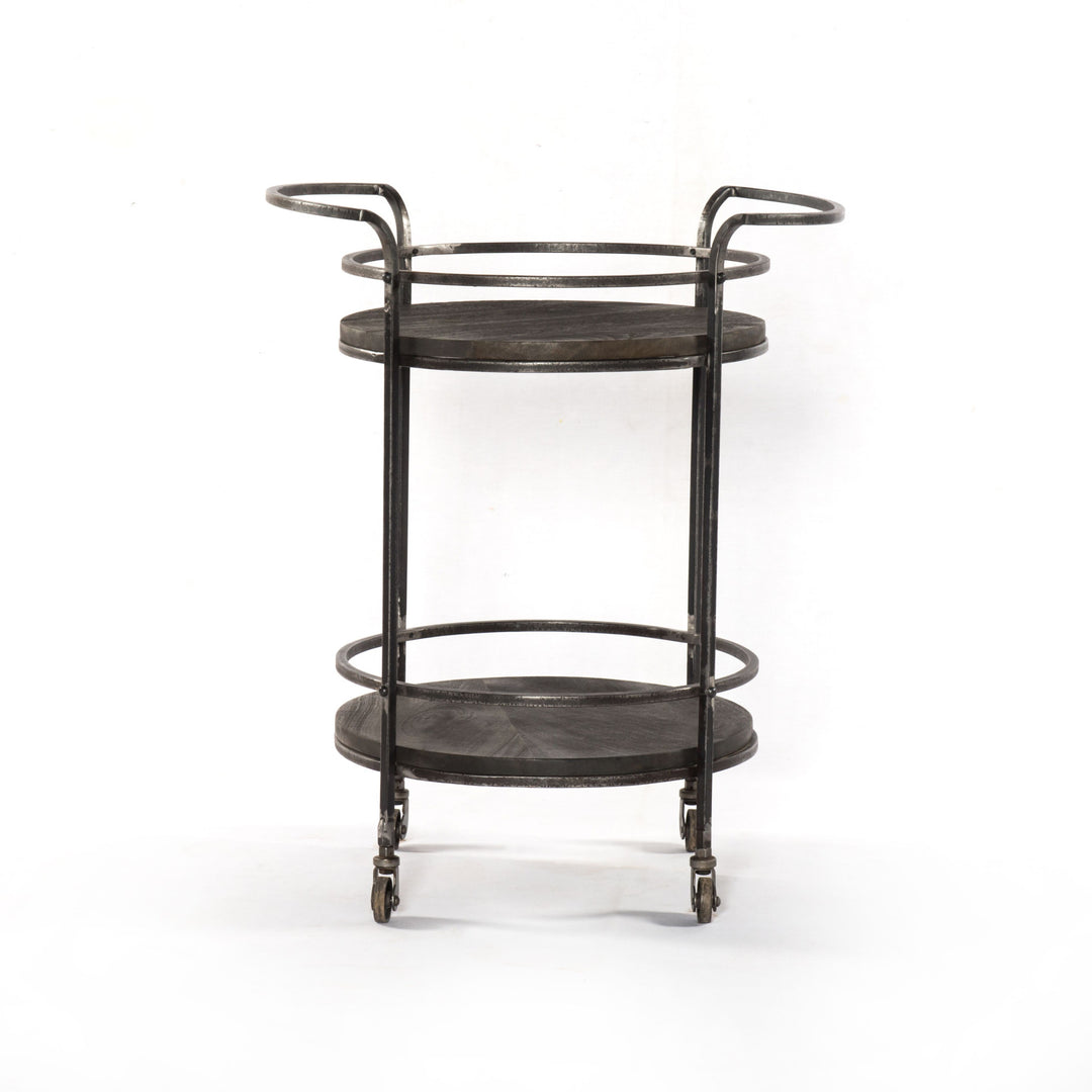 Dark Gray Iron And Solid Wood Round Rolling Bar Cart