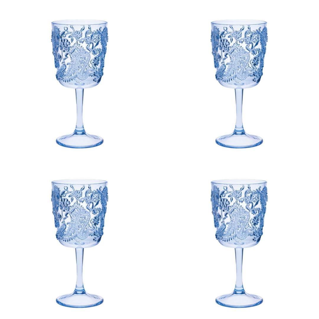 Set of Four Blue Paisley Acrylic Stemmed All Purpose Wine Glass