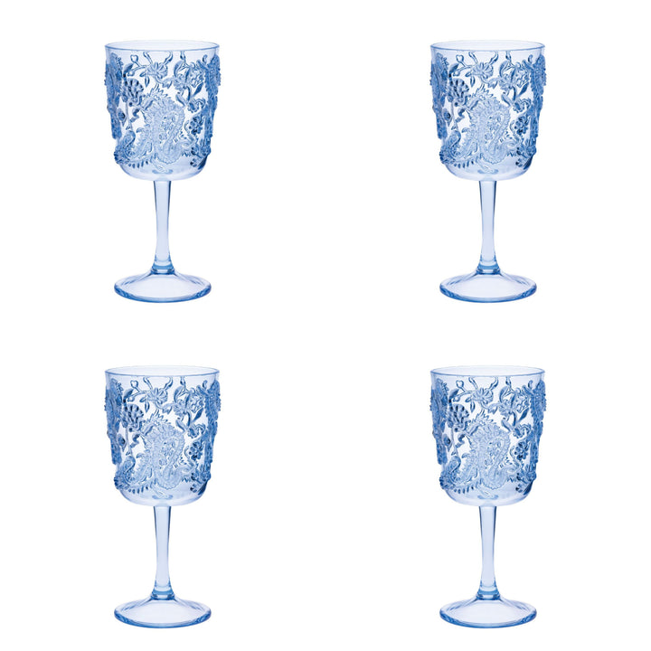 Set of Four Blue Paisley Acrylic Stemmed All Purpose Wine Glass