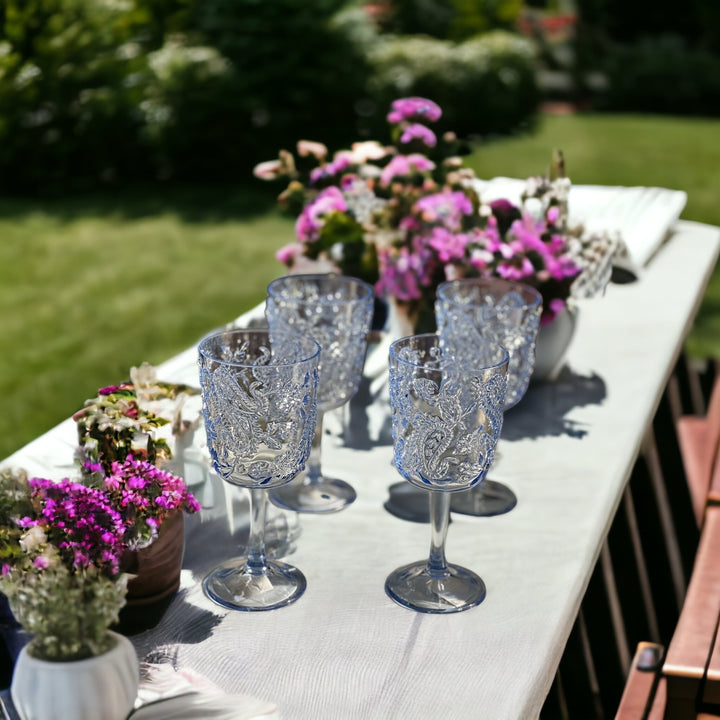 Set of Four Blue Paisley Acrylic Stemmed All Purpose Wine Glass