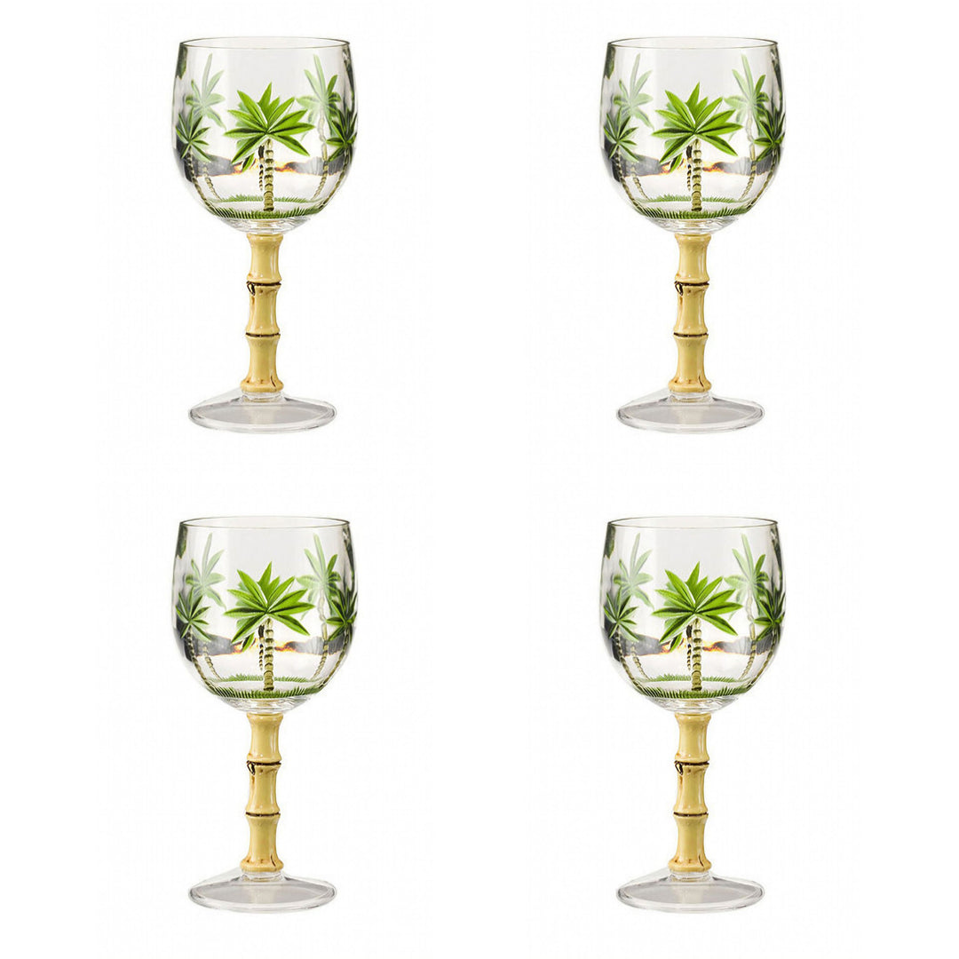 Set of Four Clear and Green Palm Tree Acrylic Stemmed All Purpose Wine Glasses