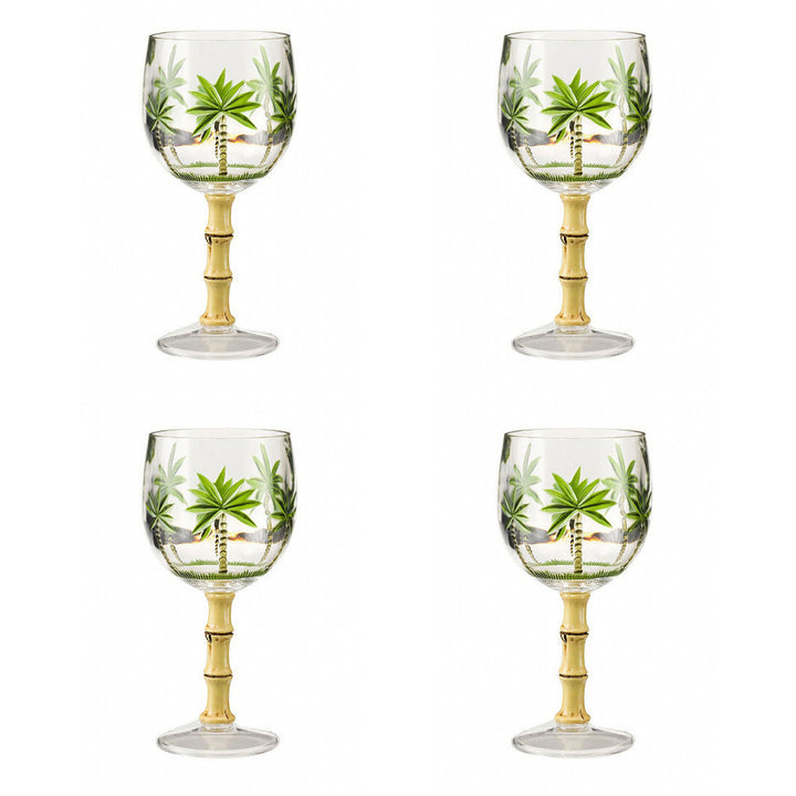 Set of Four Clear and Green Palm Tree Acrylic Stemmed All Purpose Wine Glasses