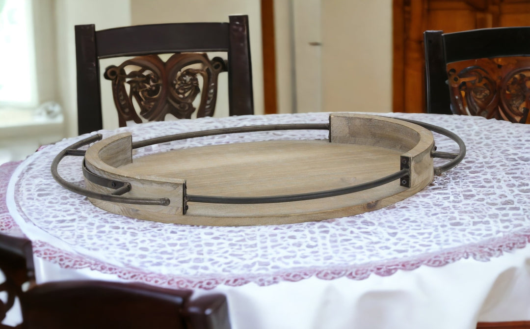 Set Of Three Brown Oval Wood and Metal Serving Trays With Handles