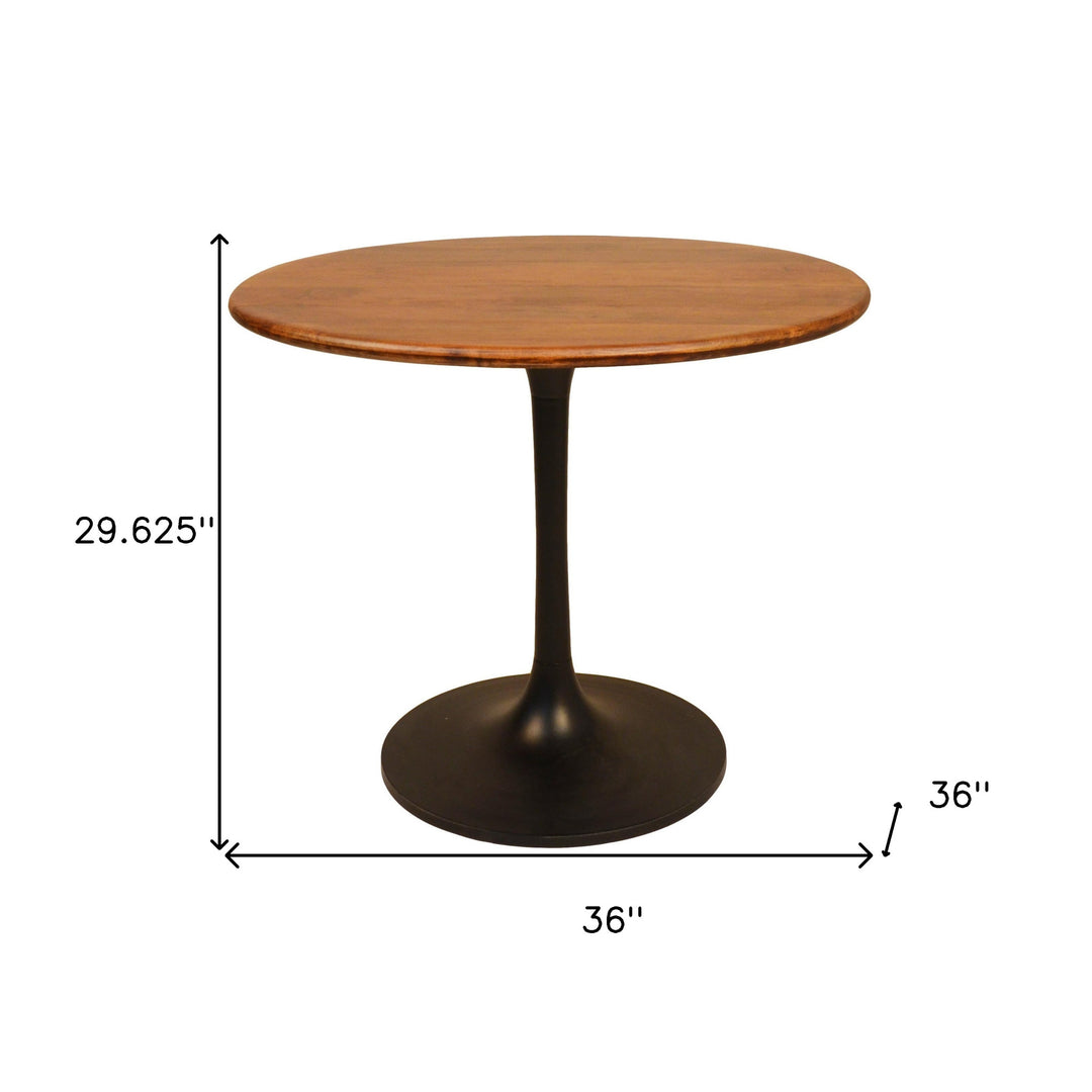 36" Brown and Black Rounded Solid Wood and Iron Pedestal Base Dining Table