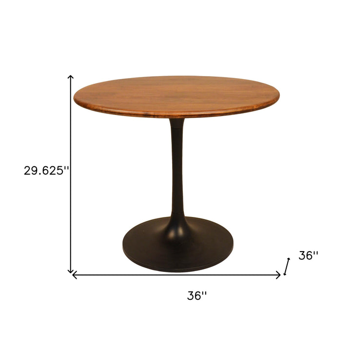 36" Brown and Black Rounded Solid Wood and Iron Pedestal Base Dining Table