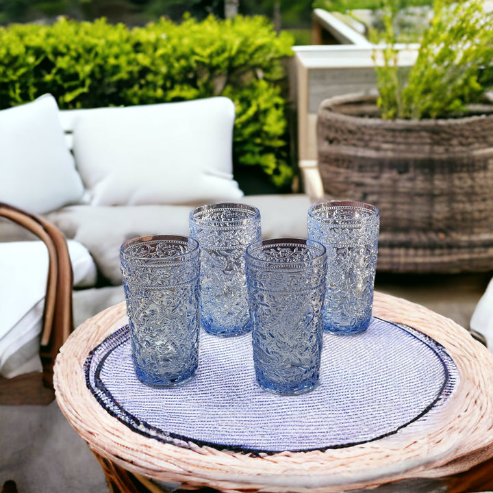 Set of Four Blue Paisley Acrylic Stemless Highball Glass