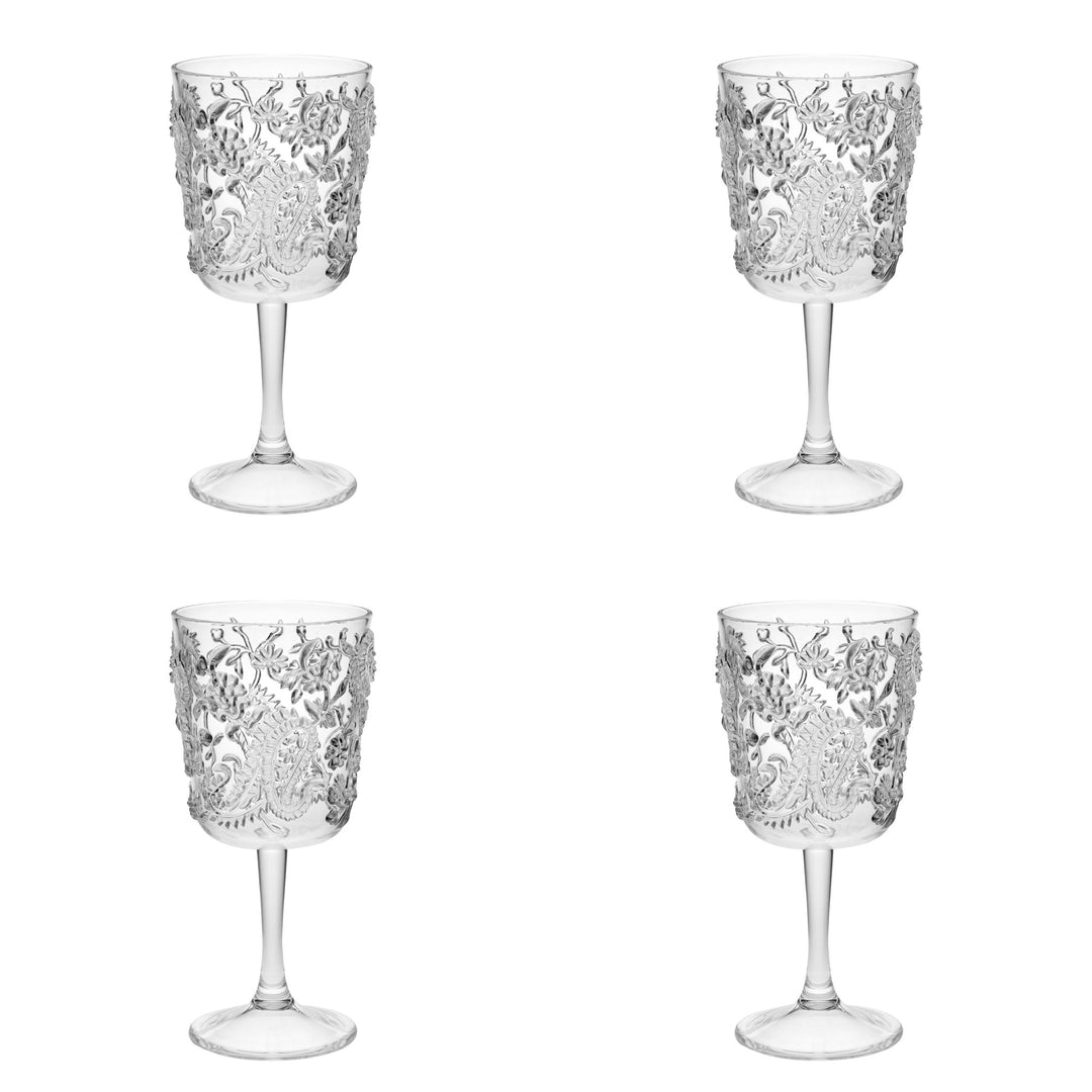 Set of Four Clear Paisley Acrylic Stemmed All Purpose Wine Glass