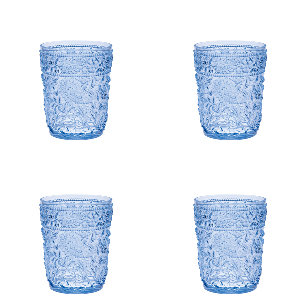 Set of Four Blue Paisley Acrylic Stemless Whiskey Glasses