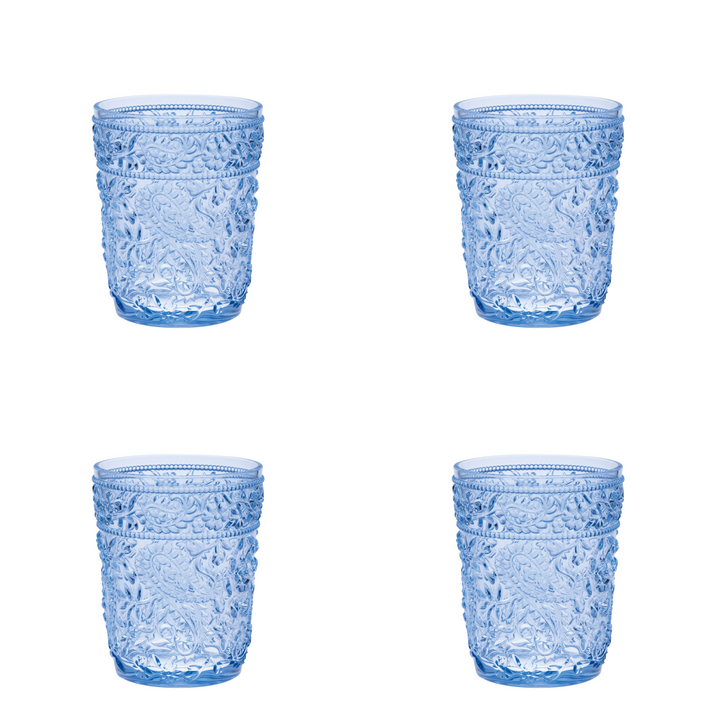 Set of Four Blue Paisley Acrylic Stemless Whiskey Glasses