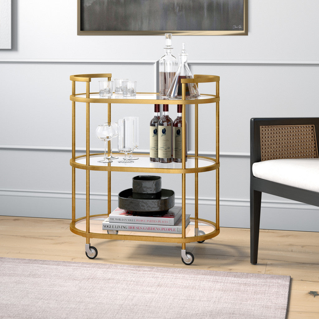 Brass Steel And Glass Oval Rolling Bar Cart