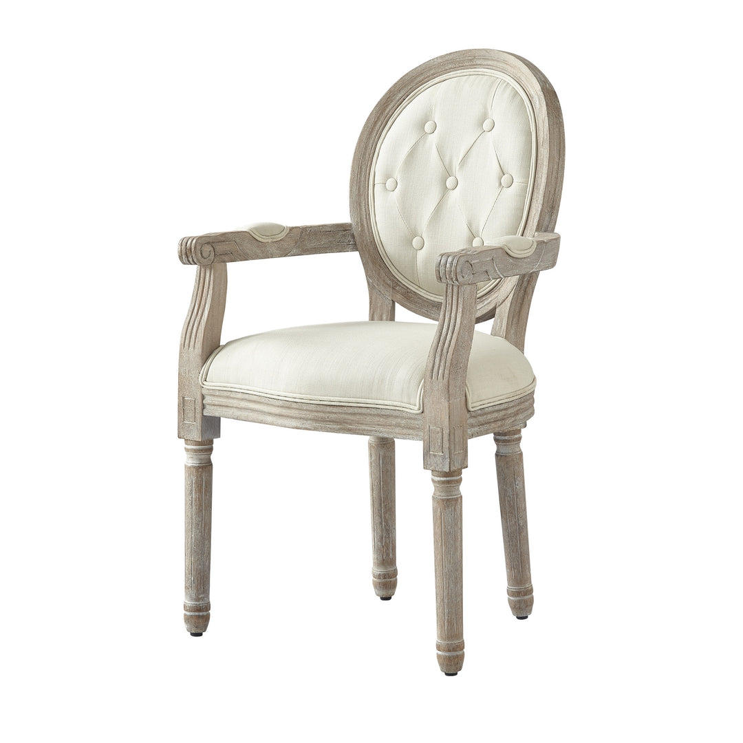 Tufted Cream and Brown Upholstered Linen Dining Arm Chair