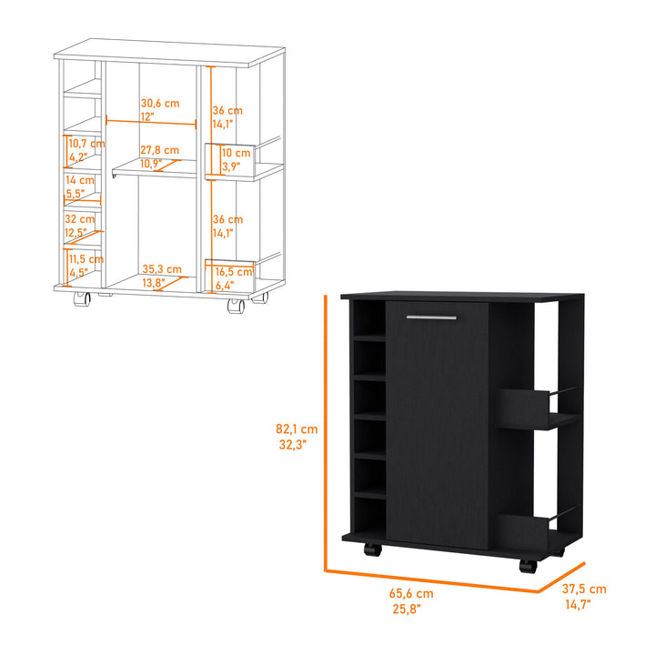 Black Rolling Bar Cart With Wine Storage