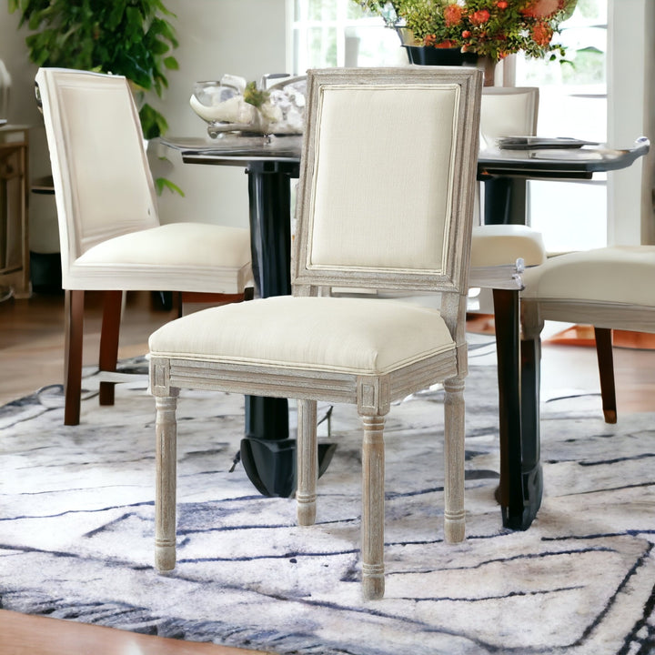 Set of Two Cream and Brown Upholstered Linen Dining Side Chairs