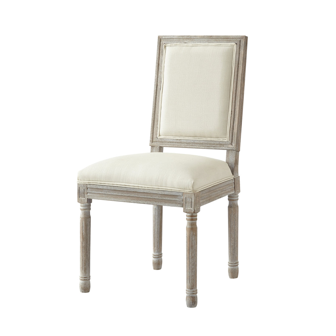 Set of Two Cream and Brown Upholstered Linen Dining Side Chairs