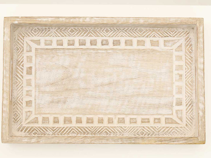 Set Of Three 12" White Rectangular Solid Wood Abstract Handmade Serving Tray With Handles