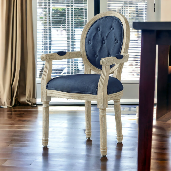 Tufted Navy Blue and Brown Upholstered Linen Dining Arm Chair