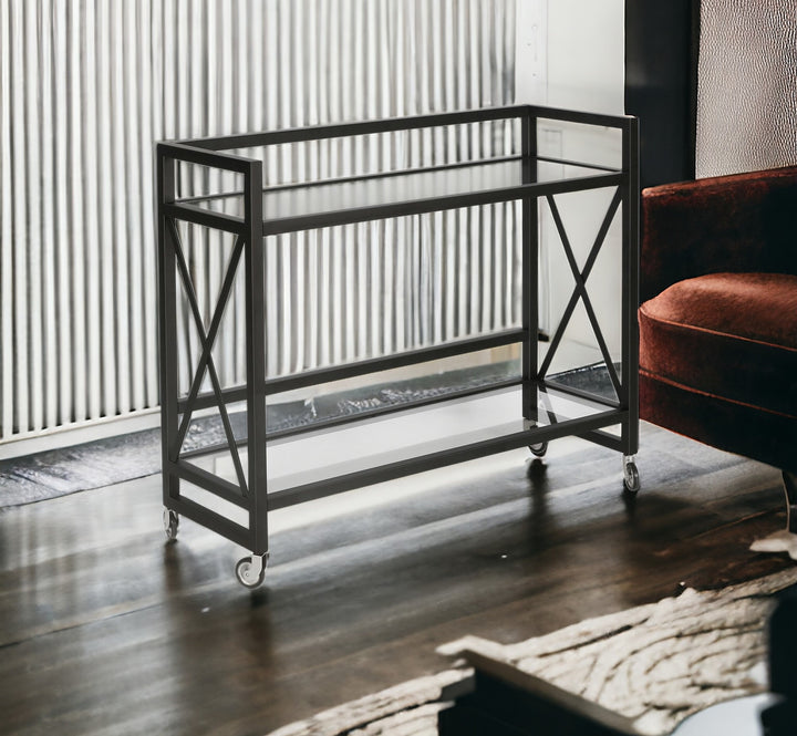 Black Steel And Glass Rolling Bar Cart