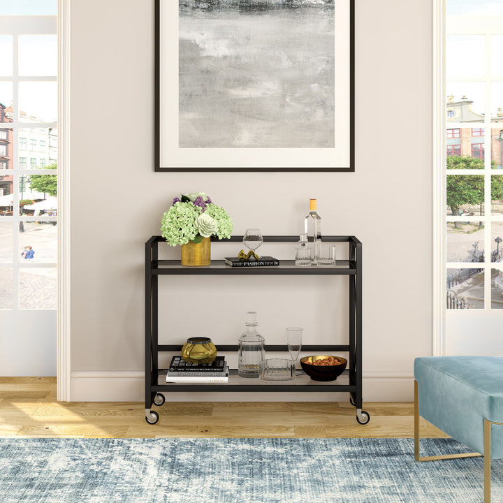 Black Steel And Glass Rolling Bar Cart