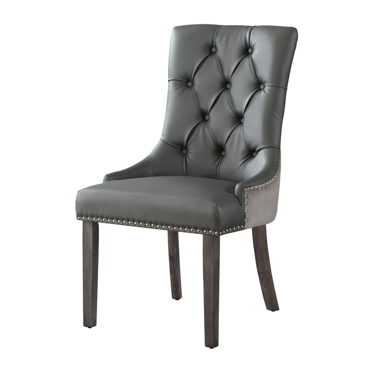 Set of Two Tufted Dark Gray and Black Upholstered Faux Leather Dining Side Chairs