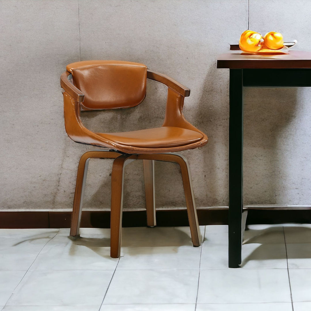 Brown And Natural Upholstered Faux Leather Dining Arm Chair