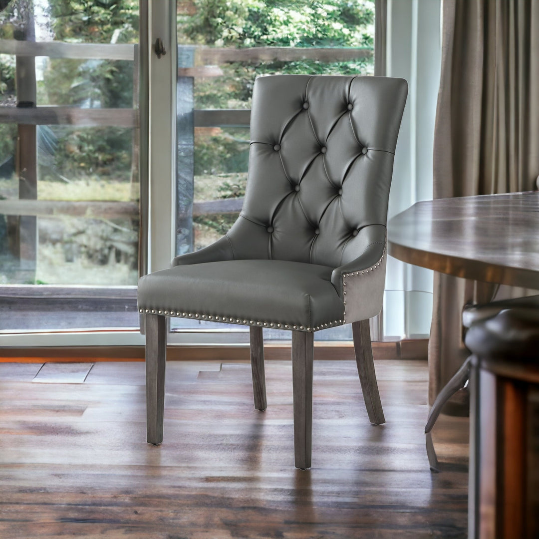 Set of Two Tufted Dark Gray and Black Upholstered Faux Leather Dining Side Chairs