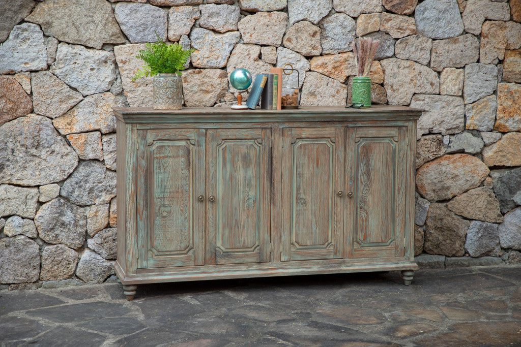 71" Green Solid and Manufactured Wood Distressed Credenza