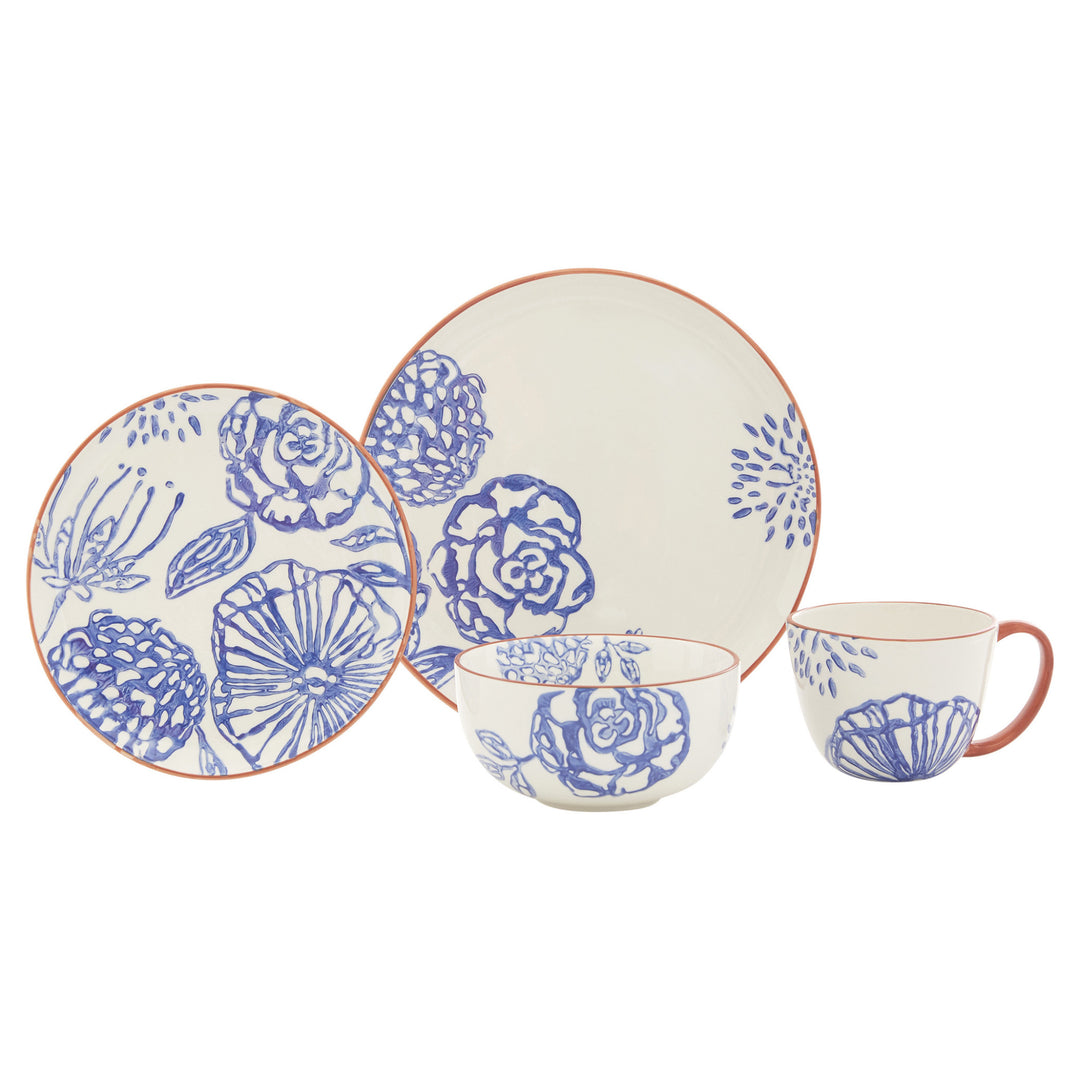 Blue and White Sixteen Piece Round Floral Ceramic Service For Four Dinnerware Set