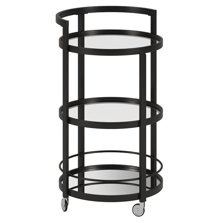 Black Steel And Glass Round Rolling Bar Cart