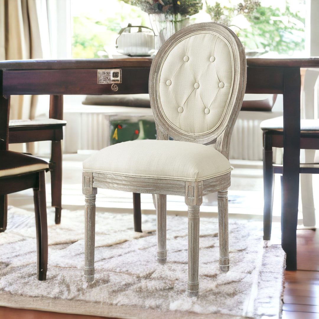 Tufted Cream and Brown Upholstered Linen Dining Side Chair