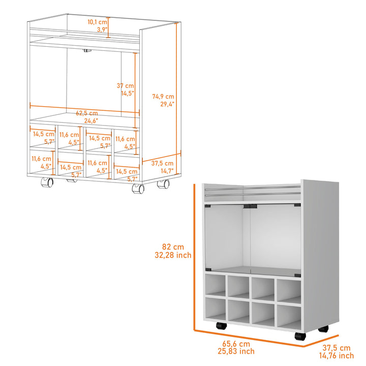 White Rolling Bar Cart With Wine Storage