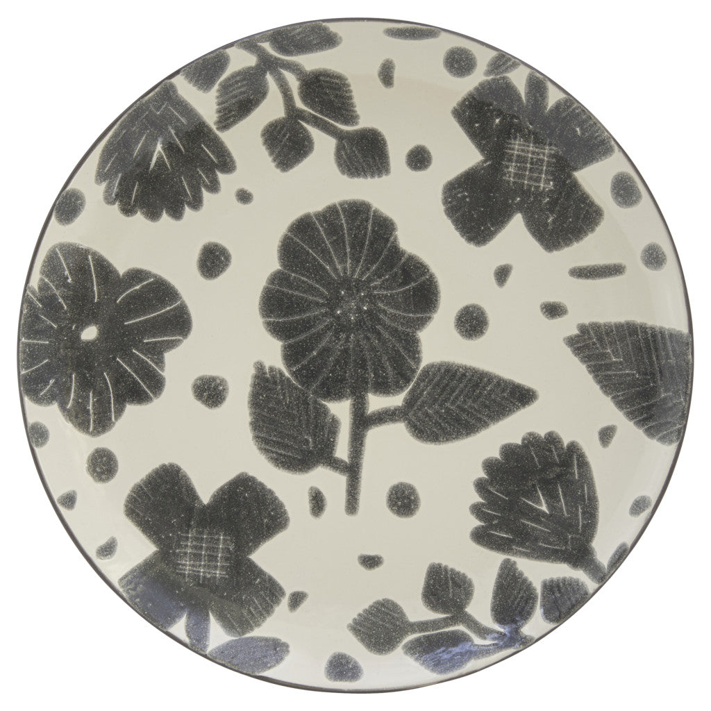 Gray and Ivory Sixteen Piece Round Floral Ceramic Service For Four Dinnerware Set