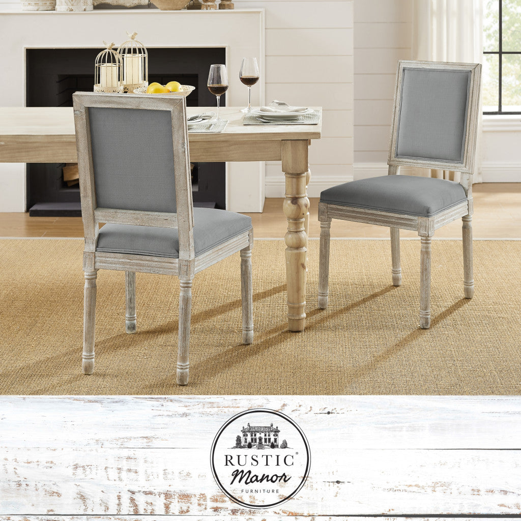 Set of Two Gray and Brown Upholstered Linen Dining Side Chairs