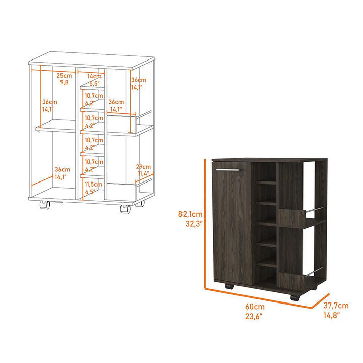 Brown Rolling Bar Cart With Wine Storage