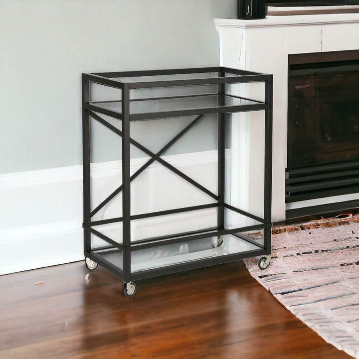 Black Steel And Glass Rolling Bar Cart