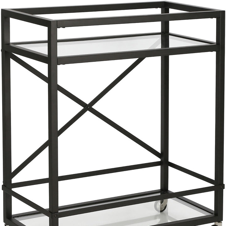 Black Steel And Glass Rolling Bar Cart