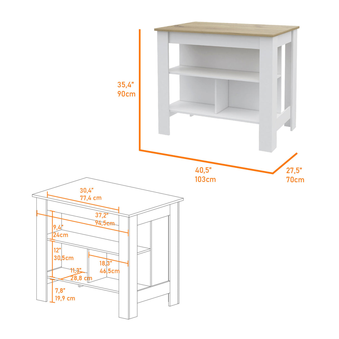 White and Oak 41" Kitchen Island With Storage