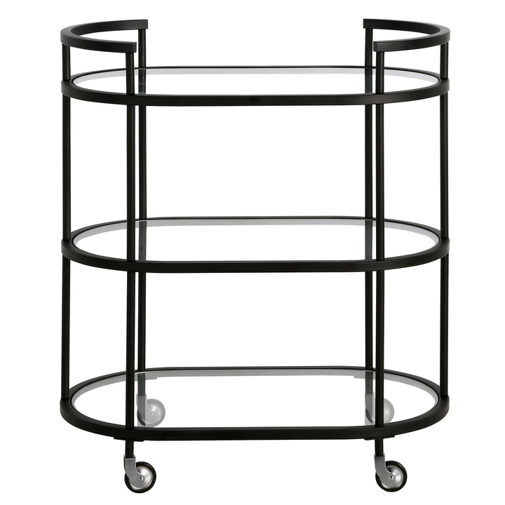 Black Steel And Glass Oval Rolling Bar Cart