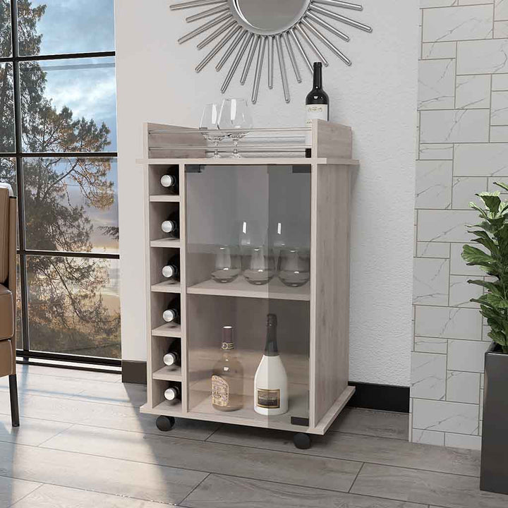 Light Gray Rolling Bar Cart With Wine Storage