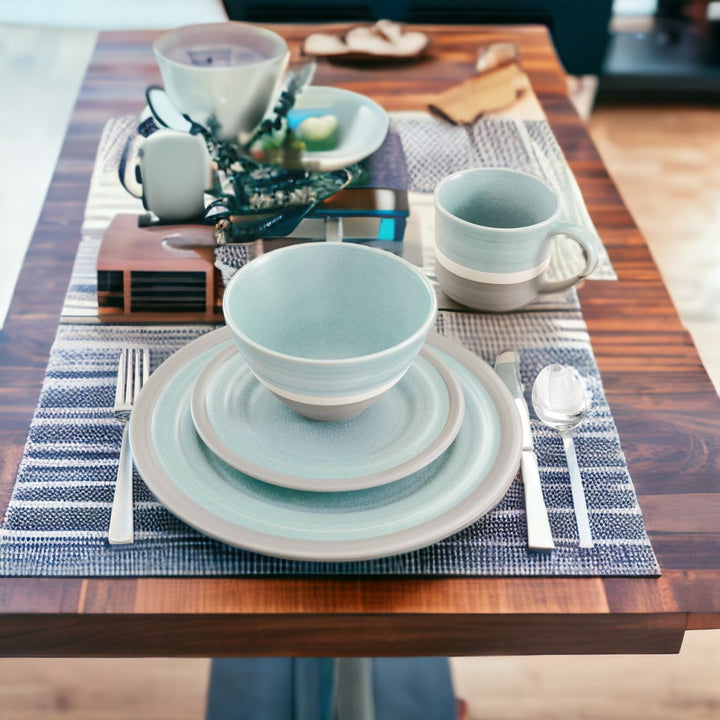 Blue and Gray Sixteen Piece Round Tone on Tone Ceramic Service For Four Dinnerware Set